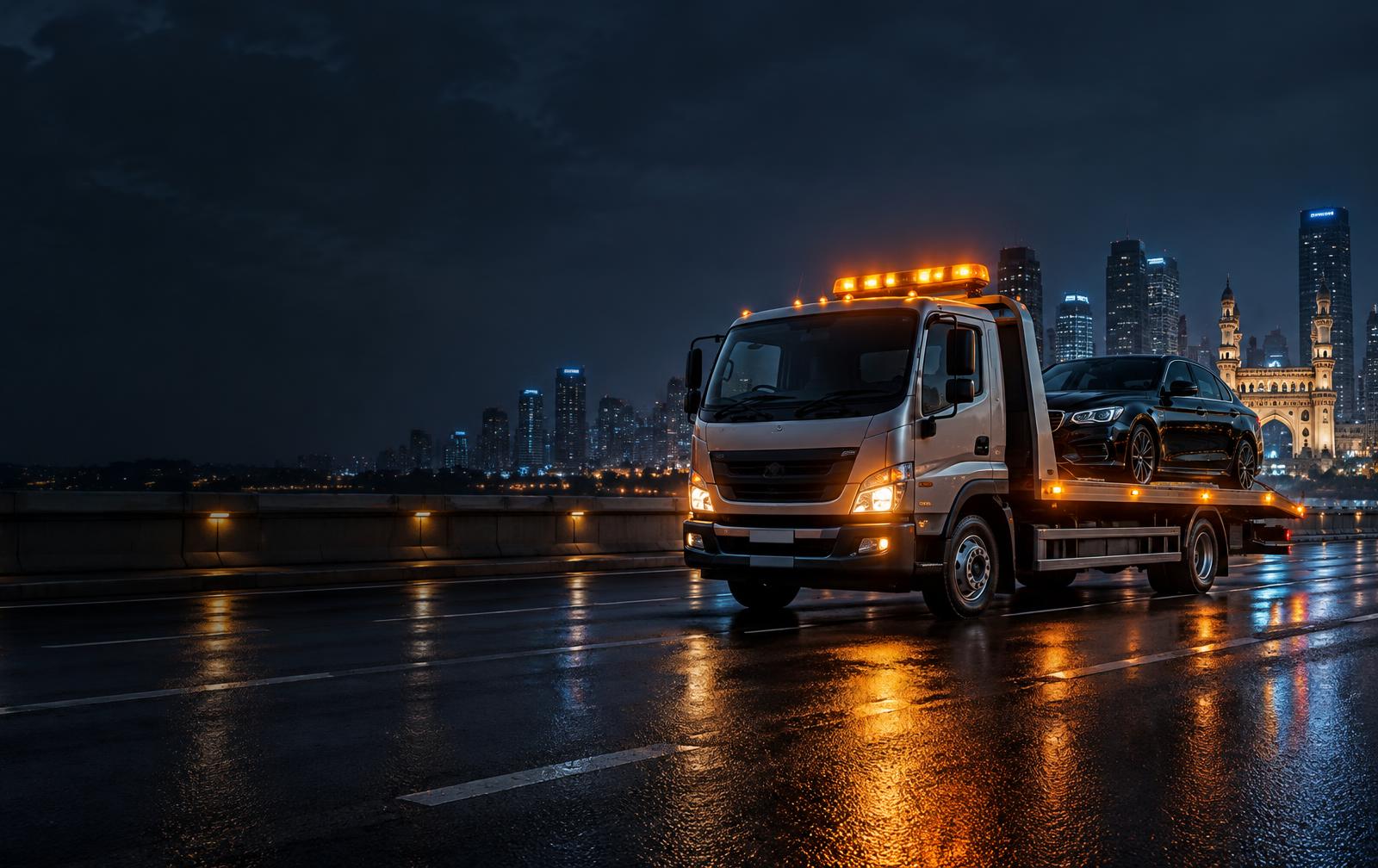 JSR towing truck providing vehicle recovery assistance at night